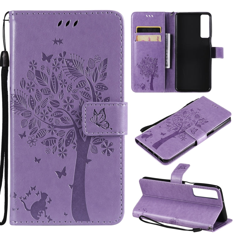 Tree & Cat Pattern Pressed Printing Horizontal Flip PU Leather Case with Holder & Card Slots & Wallet & Lanyard, For LG Stylo 7 5G / 4G, For OPPO F19 / A74 4G