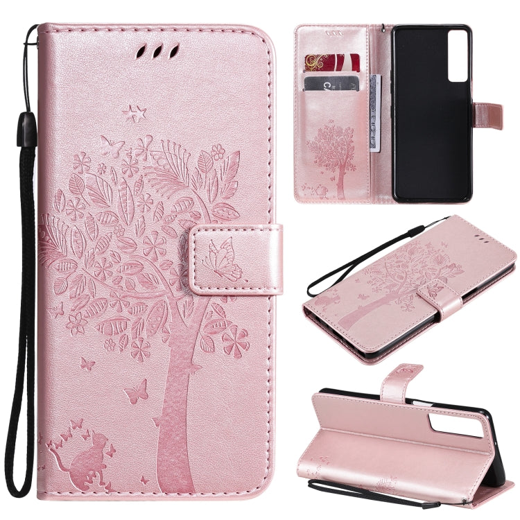 Tree & Cat Pattern Pressed Printing Horizontal Flip PU Leather Case with Holder & Card Slots & Wallet & Lanyard, For LG Stylo 7 5G / 4G, For OPPO F19 / A74 4G