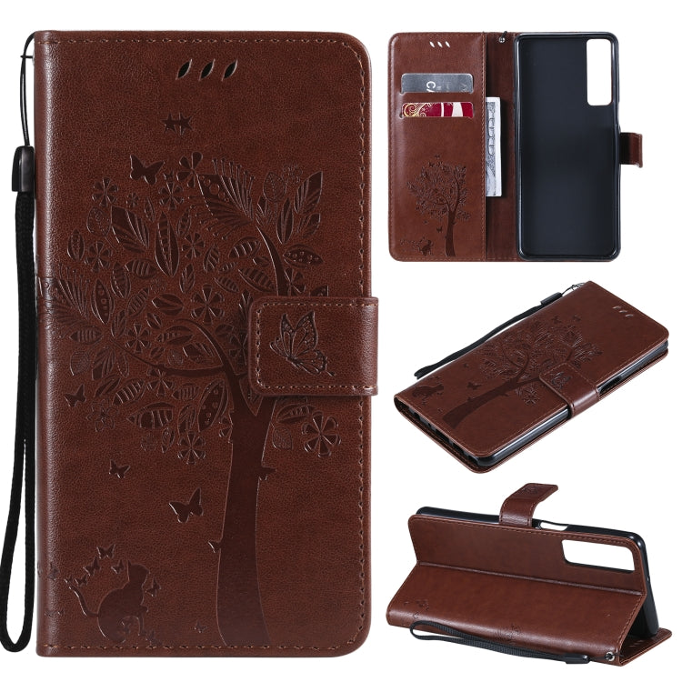 Tree & Cat Pattern Pressed Printing Horizontal Flip PU Leather Case with Holder & Card Slots & Wallet & Lanyard, For LG Stylo 7 5G / 4G, For OPPO F19 / A74 4G