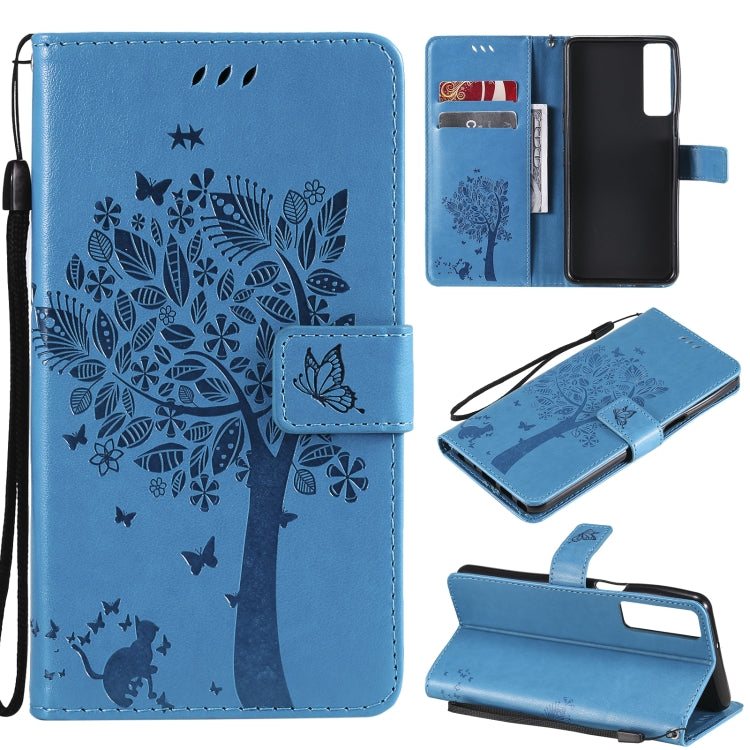 Tree & Cat Pattern Pressed Printing Horizontal Flip PU Leather Case with Holder & Card Slots & Wallet & Lanyard, For LG Stylo 7 5G / 4G, For OPPO F19 / A74 4G