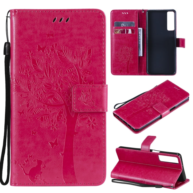 Tree & Cat Pattern Pressed Printing Horizontal Flip PU Leather Case with Holder & Card Slots & Wallet & Lanyard, For LG Stylo 7 5G / 4G, For OPPO F19 / A74 4G