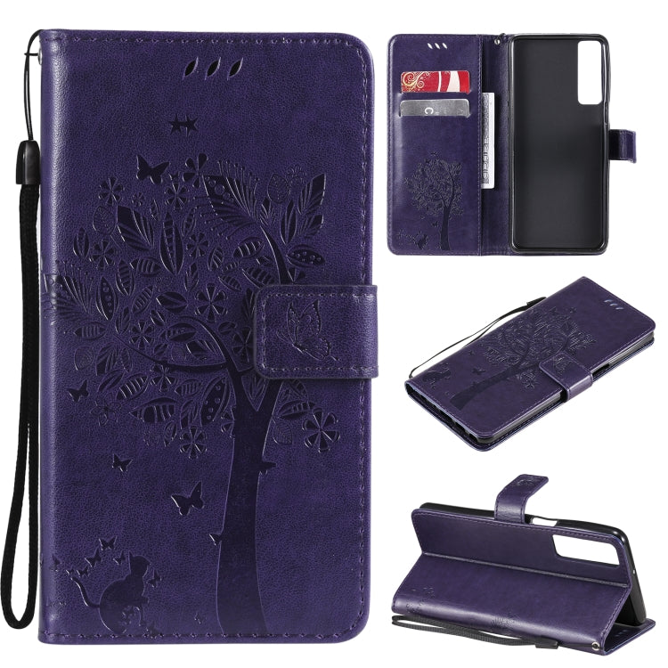 Tree & Cat Pattern Pressed Printing Horizontal Flip PU Leather Case with Holder & Card Slots & Wallet & Lanyard, For LG Stylo 7 5G / 4G, For OPPO F19 / A74 4G