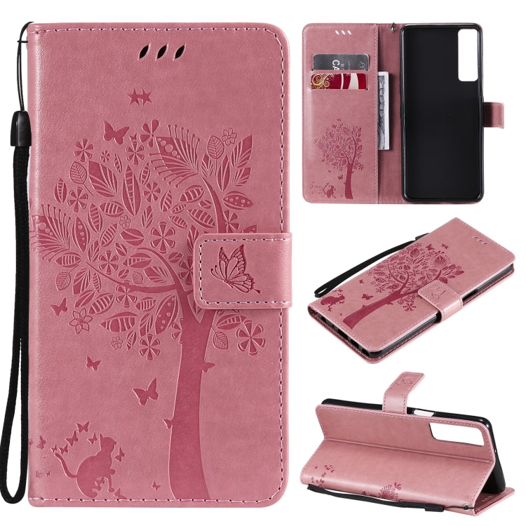 Tree & Cat Pattern Pressed Printing Horizontal Flip PU Leather Case with Holder & Card Slots & Wallet & Lanyard, For LG Stylo 7 5G / 4G, For OPPO F19 / A74 4G