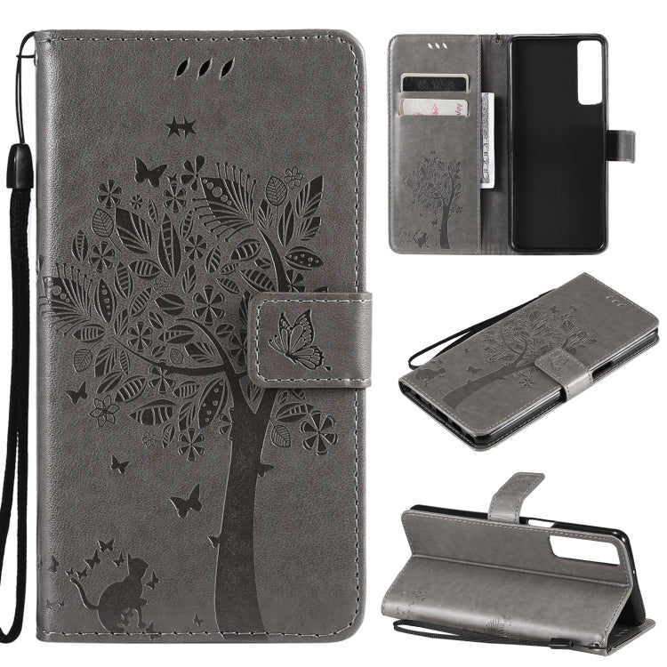 Tree & Cat Pattern Pressed Printing Horizontal Flip PU Leather Case with Holder & Card Slots & Wallet & Lanyard, For LG Stylo 7 5G / 4G, For OPPO F19 / A74 4G