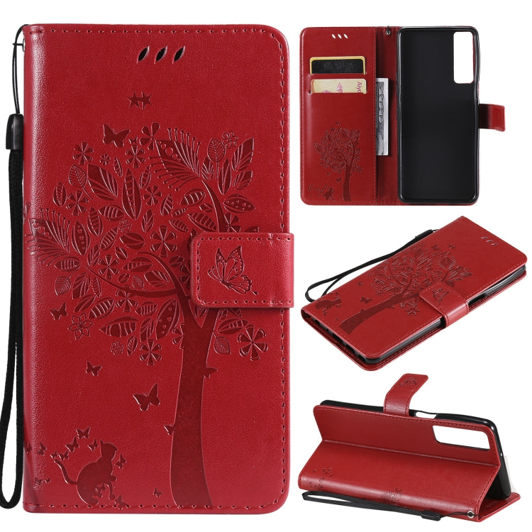 Tree & Cat Pattern Pressed Printing Horizontal Flip PU Leather Case with Holder & Card Slots & Wallet & Lanyard, For LG Stylo 7 5G / 4G, For OPPO F19 / A74 4G