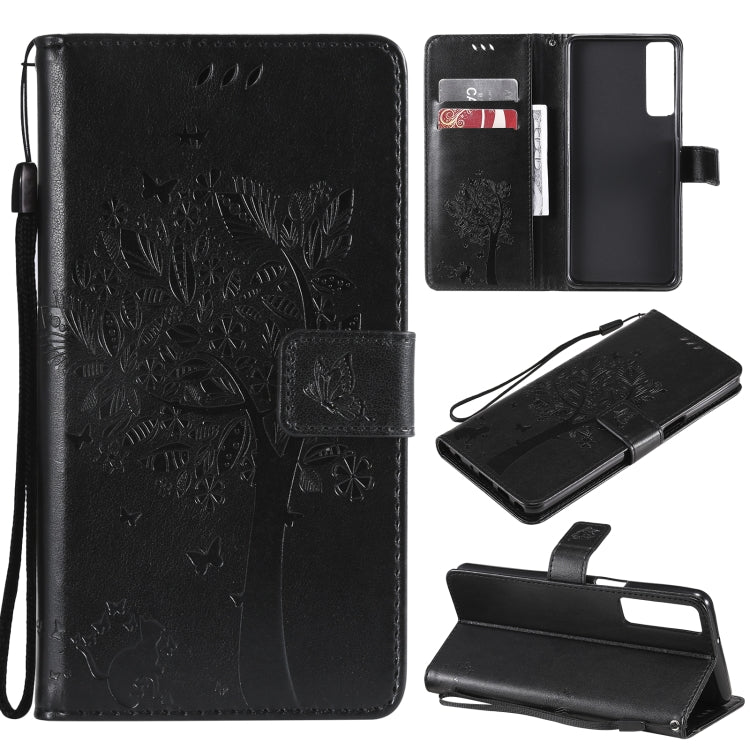 Tree & Cat Pattern Pressed Printing Horizontal Flip PU Leather Case with Holder & Card Slots & Wallet & Lanyard, For LG Stylo 7 5G / 4G, For OPPO F19 / A74 4G