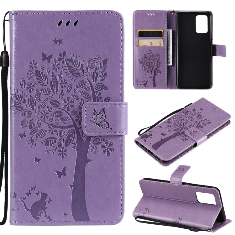 Tree & Cat Pattern Pressed Printing Horizontal Flip PU Leather Case with Holder & Card Slots & Wallet & Lanyard, For LG Stylo 7 5G / 4G, For OPPO F19 / A74 4G