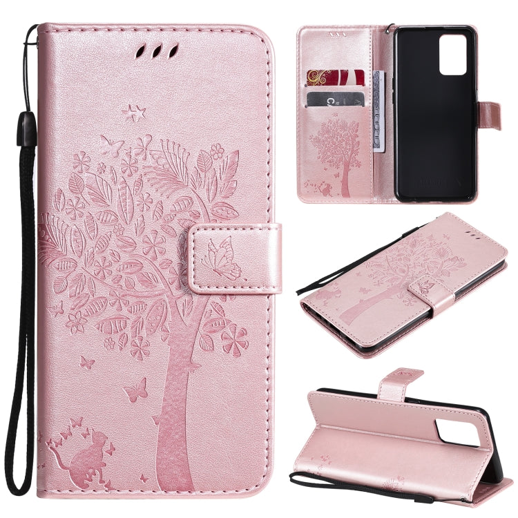 Tree & Cat Pattern Pressed Printing Horizontal Flip PU Leather Case with Holder & Card Slots & Wallet & Lanyard, For LG Stylo 7 5G / 4G, For OPPO F19 / A74 4G