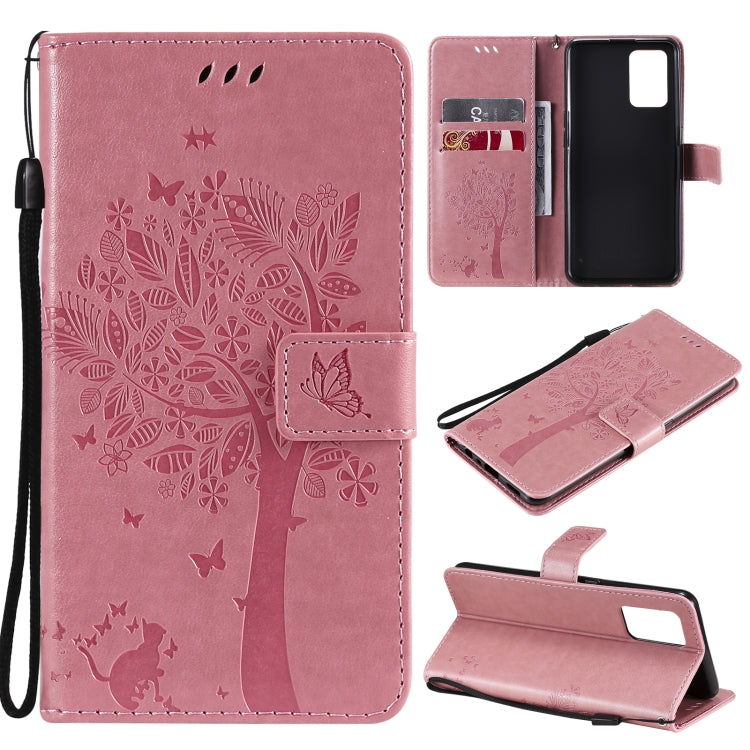 Tree & Cat Pattern Pressed Printing Horizontal Flip PU Leather Case with Holder & Card Slots & Wallet & Lanyard, For LG Stylo 7 5G / 4G, For OPPO F19 / A74 4G