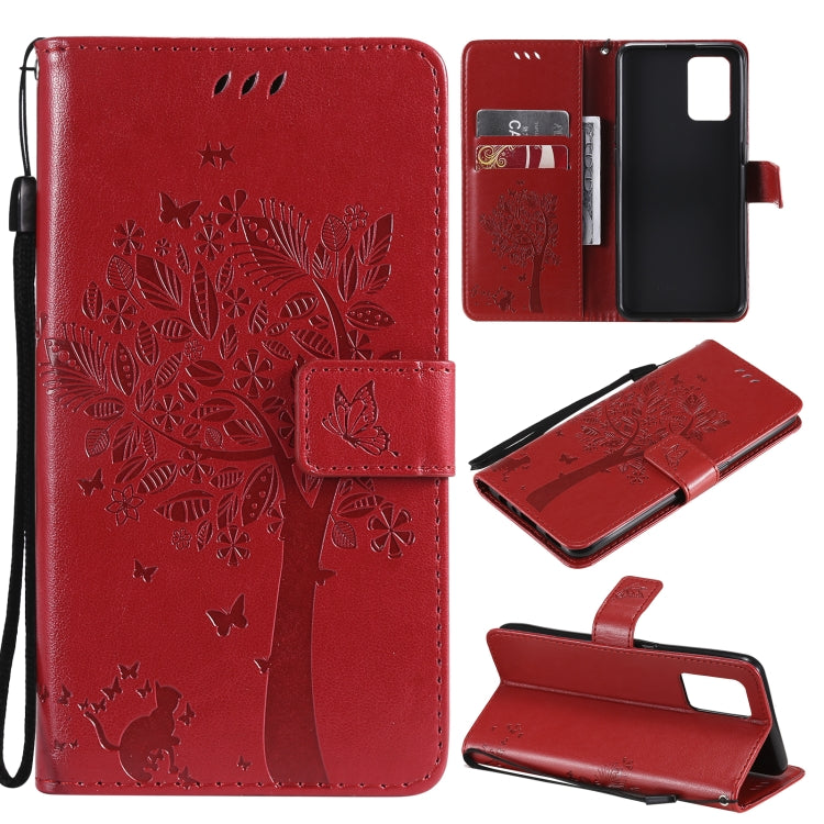 Tree & Cat Pattern Pressed Printing Horizontal Flip PU Leather Case with Holder & Card Slots & Wallet & Lanyard, For LG Stylo 7 5G / 4G, For OPPO F19 / A74 4G