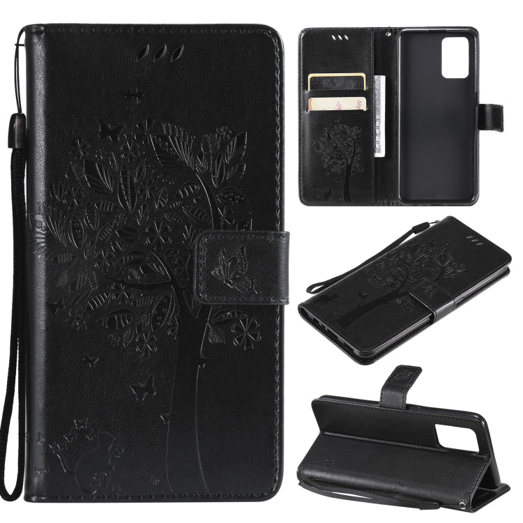 Tree & Cat Pattern Pressed Printing Horizontal Flip PU Leather Case with Holder & Card Slots & Wallet & Lanyard, For LG Stylo 7 5G / 4G, For OPPO F19 / A74 4G