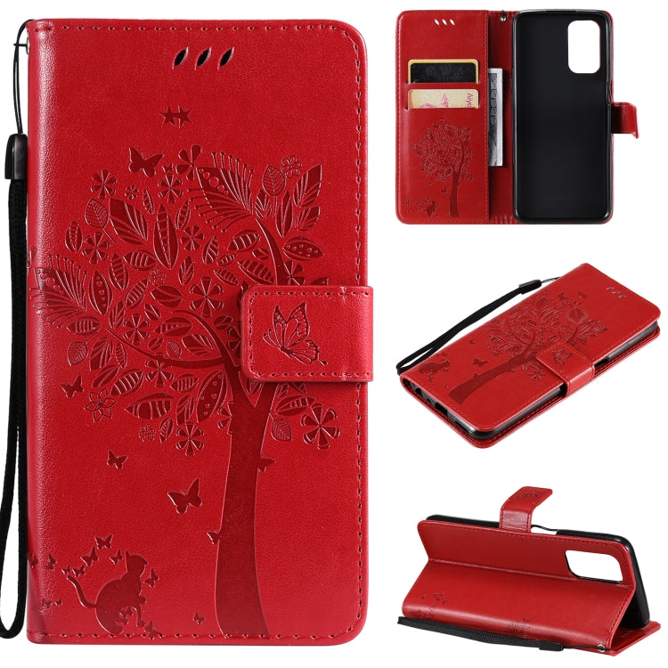 Tree & Cat Pattern Pressed Printing Horizontal Flip PU Leather Case with Holder & Card Slots & Wallet & Lanyard, For OPPO A93 5G / A74 5G, For OPPO A94 4G / F19 Pro / Reno 5F