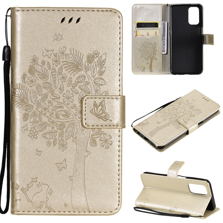 Tree & Cat Pattern Pressed Printing Horizontal Flip PU Leather Case with Holder & Card Slots & Wallet & Lanyard, For OPPO A93 5G / A74 5G, For OPPO A94 4G / F19 Pro / Reno 5F