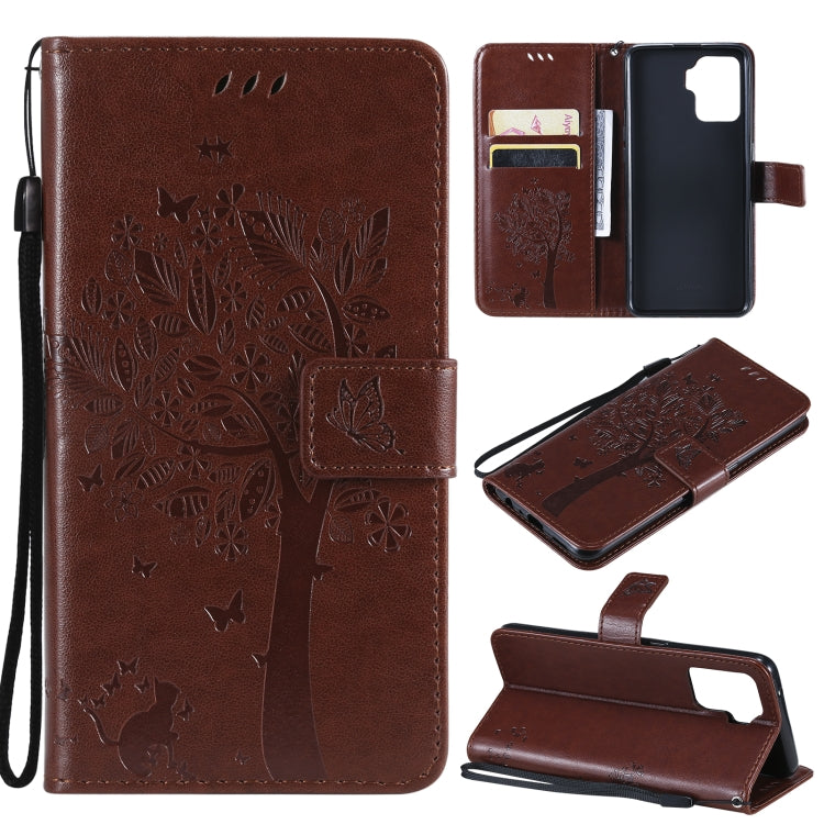 Tree & Cat Pattern Pressed Printing Horizontal Flip PU Leather Case with Holder & Card Slots & Wallet & Lanyard, For OPPO A93 5G / A74 5G, For OPPO A94 4G / F19 Pro / Reno 5F