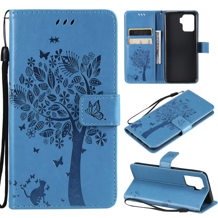 Tree & Cat Pattern Pressed Printing Horizontal Flip PU Leather Case with Holder & Card Slots & Wallet & Lanyard, For OPPO A93 5G / A74 5G, For OPPO A94 4G / F19 Pro / Reno 5F