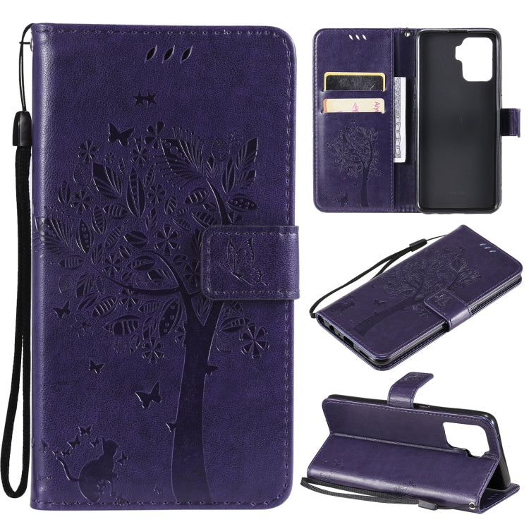 Tree & Cat Pattern Pressed Printing Horizontal Flip PU Leather Case with Holder & Card Slots & Wallet & Lanyard, For OPPO A93 5G / A74 5G, For OPPO A94 4G / F19 Pro / Reno 5F