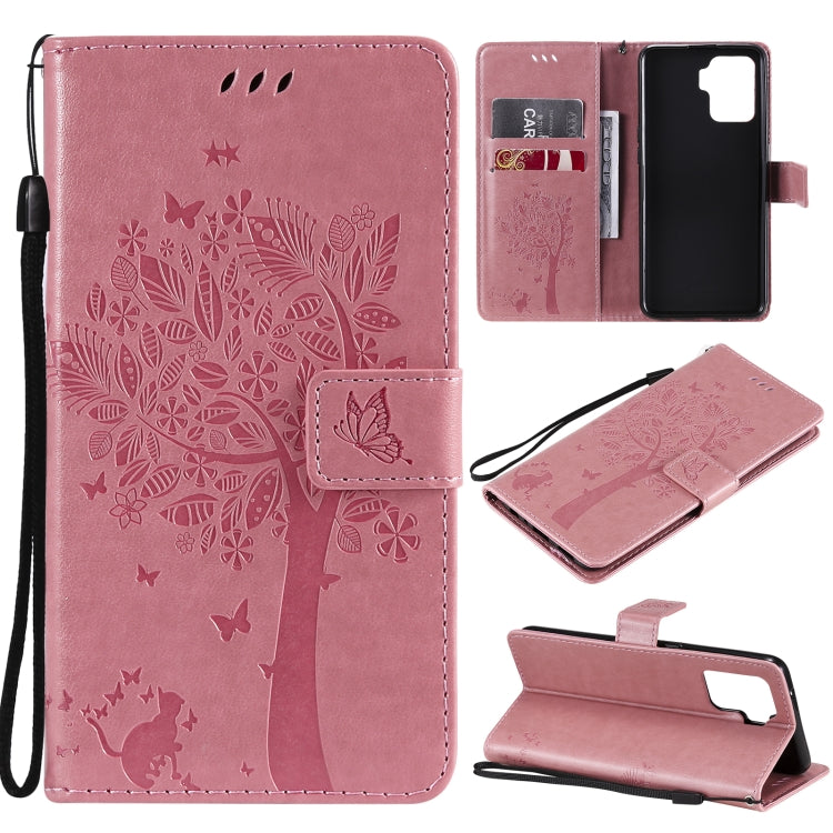 Tree & Cat Pattern Pressed Printing Horizontal Flip PU Leather Case with Holder & Card Slots & Wallet & Lanyard, For OPPO A93 5G / A74 5G, For OPPO A94 4G / F19 Pro / Reno 5F