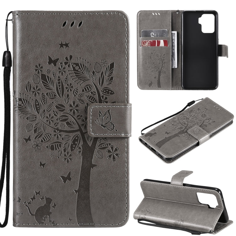 Tree & Cat Pattern Pressed Printing Horizontal Flip PU Leather Case with Holder & Card Slots & Wallet & Lanyard, For OPPO A93 5G / A74 5G, For OPPO A94 4G / F19 Pro / Reno 5F