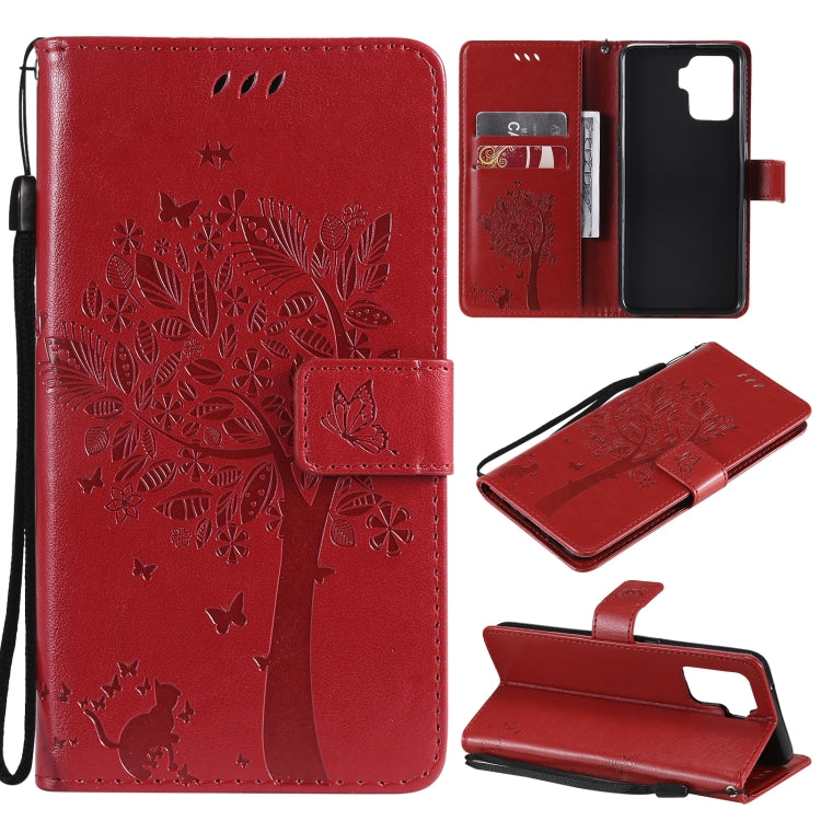 Tree & Cat Pattern Pressed Printing Horizontal Flip PU Leather Case with Holder & Card Slots & Wallet & Lanyard, For OPPO A93 5G / A74 5G, For OPPO A94 4G / F19 Pro / Reno 5F