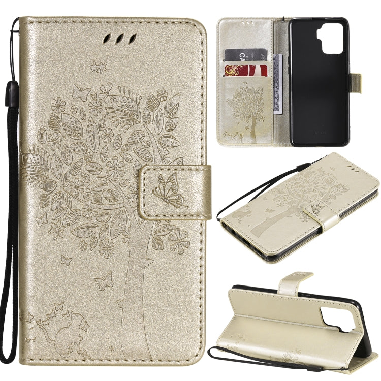 Tree & Cat Pattern Pressed Printing Horizontal Flip PU Leather Case with Holder & Card Slots & Wallet & Lanyard, For OPPO A93 5G / A74 5G, For OPPO A94 4G / F19 Pro / Reno 5F