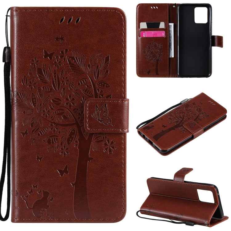 Tree & Cat Pattern Pressed Printing Horizontal Flip PU Leather Case with Holder & Card Slots & Wallet & Lanyard, For OPPO Realme 8 4G / Realme 8 Pro 4G, For OPPO Realme V13 5G / Realme 8 5G