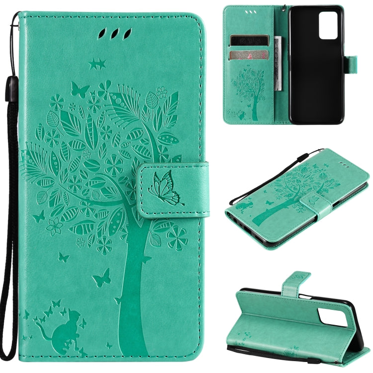 Tree & Cat Pattern Pressed Printing Horizontal Flip PU Leather Case with Holder & Card Slots & Wallet & Lanyard, For OPPO Realme 8 4G / Realme 8 Pro 4G, For OPPO Realme V13 5G / Realme 8 5G