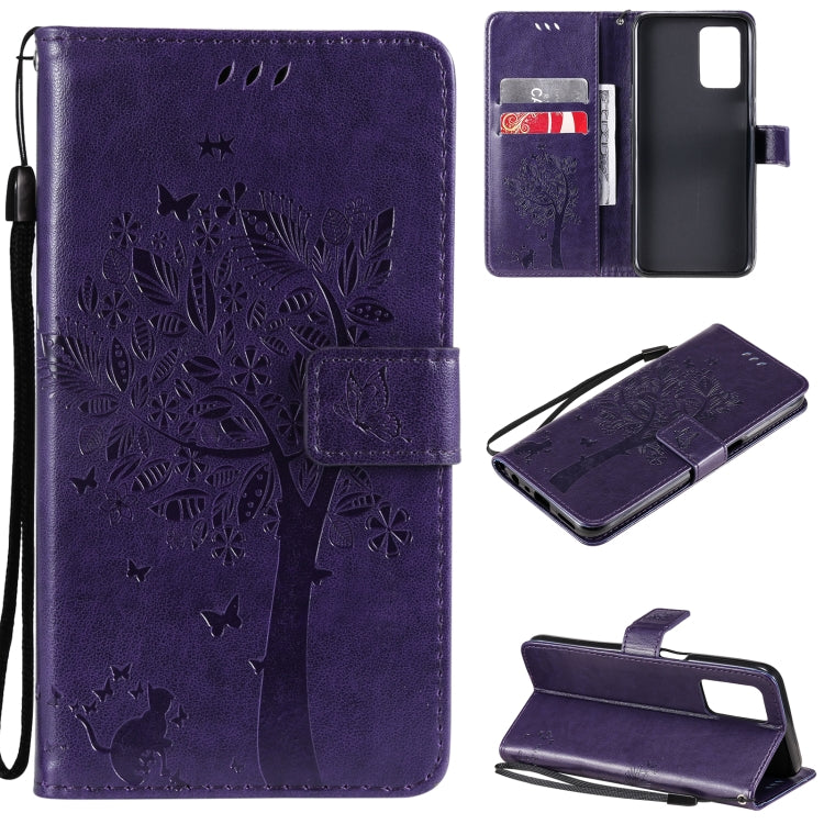 Tree & Cat Pattern Pressed Printing Horizontal Flip PU Leather Case with Holder & Card Slots & Wallet & Lanyard, For OPPO Realme 8 4G / Realme 8 Pro 4G, For OPPO Realme V13 5G / Realme 8 5G