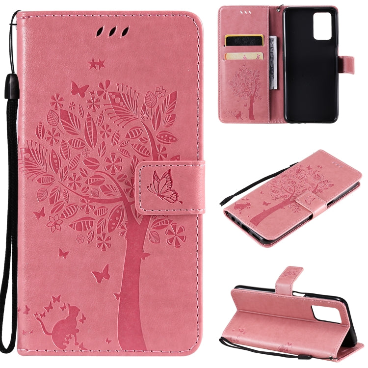 Tree & Cat Pattern Pressed Printing Horizontal Flip PU Leather Case with Holder & Card Slots & Wallet & Lanyard, For OPPO Realme 8 4G / Realme 8 Pro 4G, For OPPO Realme V13 5G / Realme 8 5G