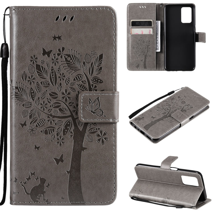 Tree & Cat Pattern Pressed Printing Horizontal Flip PU Leather Case with Holder & Card Slots & Wallet & Lanyard, For OPPO Realme 8 4G / Realme 8 Pro 4G, For OPPO Realme V13 5G / Realme 8 5G