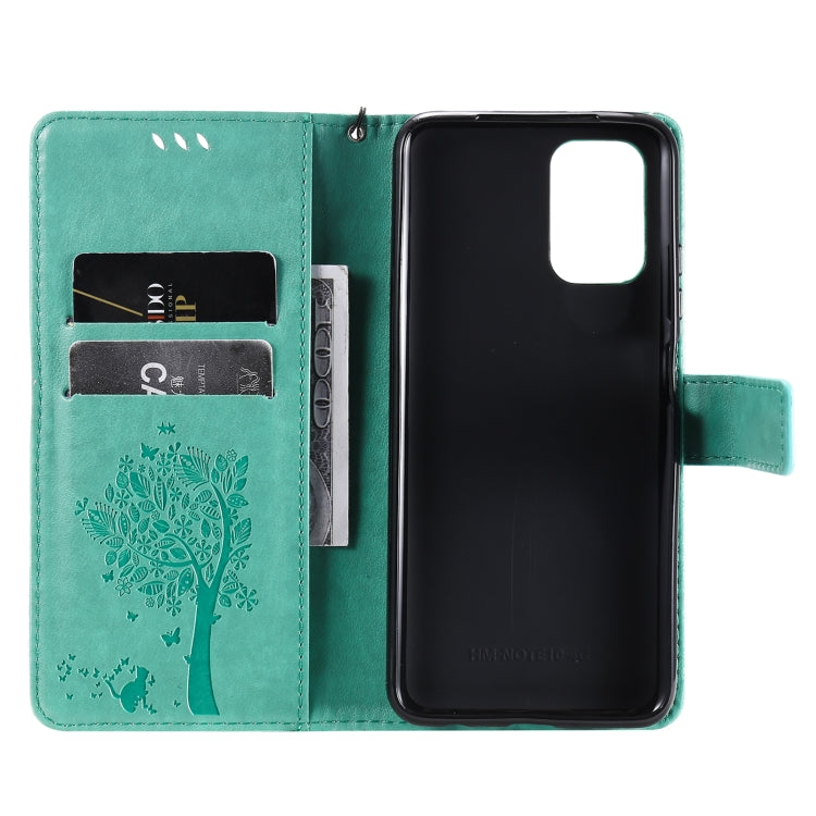 Tree & Cat Pattern Pressed Printing Horizontal Flip PU Leather Case with Holder & Card Slots & Wallet & Lanyard, For Xiaomi Redmi Note 10 4G, For Xiaomi Redmi Note 10 Pro