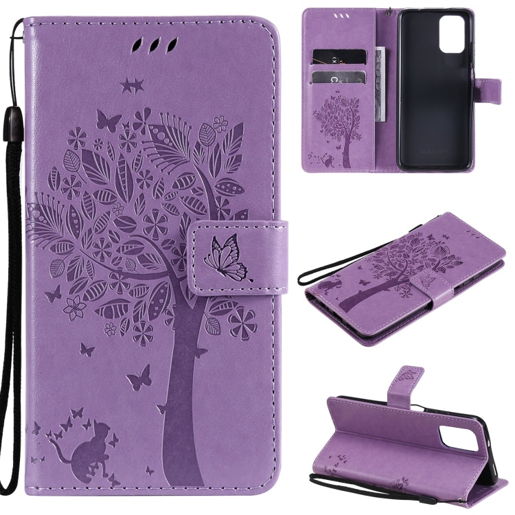 Tree & Cat Pattern Pressed Printing Horizontal Flip PU Leather Case with Holder & Card Slots & Wallet & Lanyard, For Xiaomi Redmi Note 10 4G, For Xiaomi Redmi Note 10 Pro