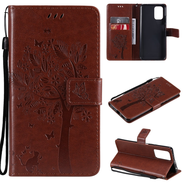 Tree & Cat Pattern Pressed Printing Horizontal Flip PU Leather Case with Holder & Card Slots & Wallet & Lanyard, For Xiaomi Redmi Note 10 4G, For Xiaomi Redmi Note 10 Pro