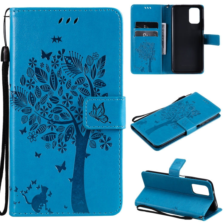 Tree & Cat Pattern Pressed Printing Horizontal Flip PU Leather Case with Holder & Card Slots & Wallet & Lanyard, For Xiaomi Redmi Note 10 4G, For Xiaomi Redmi Note 10 Pro