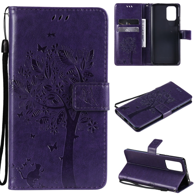 Tree & Cat Pattern Pressed Printing Horizontal Flip PU Leather Case with Holder & Card Slots & Wallet & Lanyard, For Xiaomi Redmi Note 10 4G, For Xiaomi Redmi Note 10 Pro