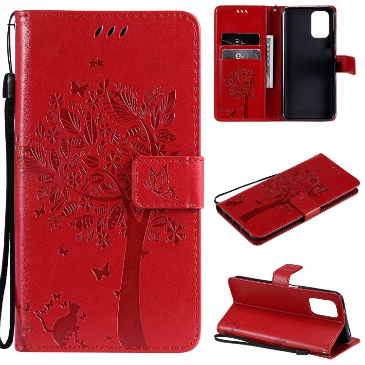 Tree & Cat Pattern Pressed Printing Horizontal Flip PU Leather Case with Holder & Card Slots & Wallet & Lanyard, For Xiaomi Redmi Note 10 4G, For Xiaomi Redmi Note 10 Pro