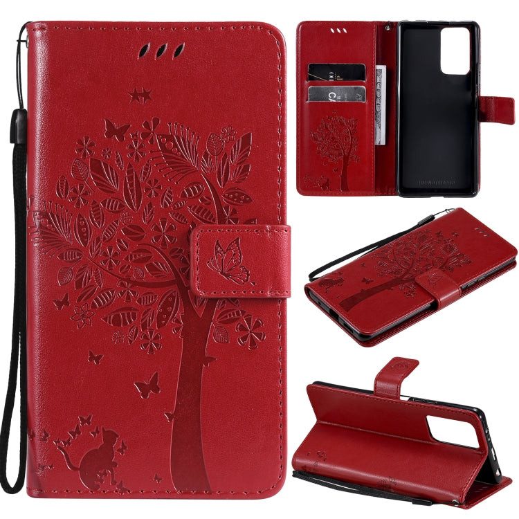 Tree & Cat Pattern Pressed Printing Horizontal Flip PU Leather Case with Holder & Card Slots & Wallet & Lanyard, For Xiaomi Redmi Note 10 4G, For Xiaomi Redmi Note 10 Pro