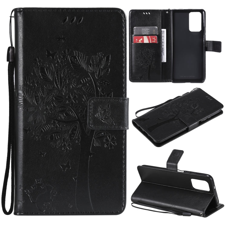 Tree & Cat Pattern Pressed Printing Horizontal Flip PU Leather Case with Holder & Card Slots & Wallet & Lanyard, For Xiaomi Redmi Note 10 4G, For Xiaomi Redmi Note 10 Pro