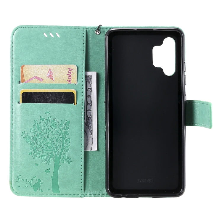 Tree & Cat Pattern Pressed Printing Horizontal Flip PU Leather Case with Holder & Card Slots & Wallet & Lanyard, For Samsung Galaxy A32 4G, For Samsung Galaxy S21 FE