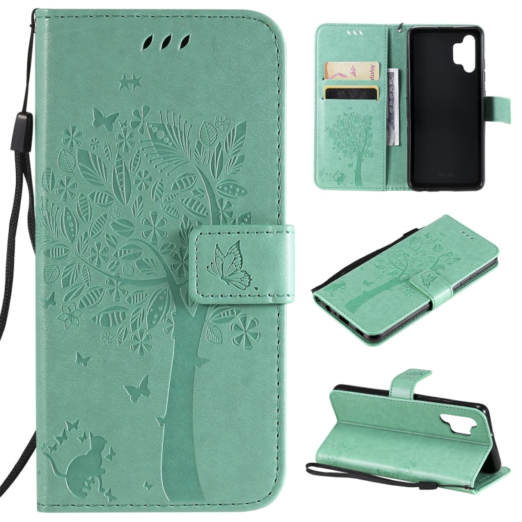 Tree & Cat Pattern Pressed Printing Horizontal Flip PU Leather Case with Holder & Card Slots & Wallet & Lanyard, For Samsung Galaxy A32 4G, For Samsung Galaxy S21 FE