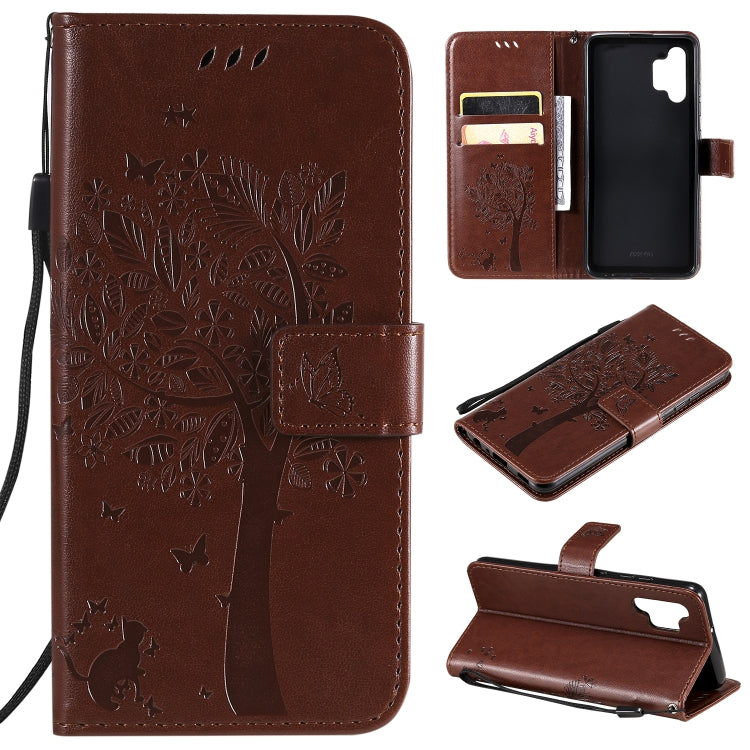 Tree & Cat Pattern Pressed Printing Horizontal Flip PU Leather Case with Holder & Card Slots & Wallet & Lanyard, For Samsung Galaxy A32 4G, For Samsung Galaxy S21 FE