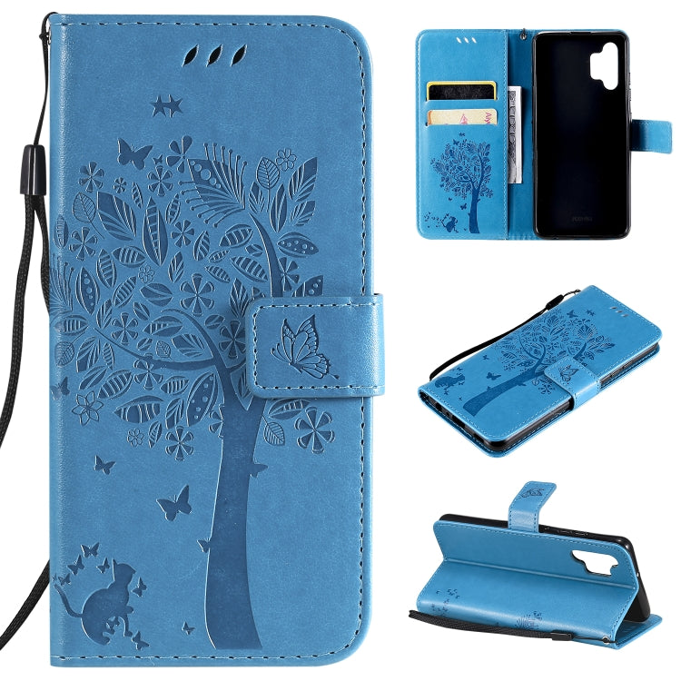 Tree & Cat Pattern Pressed Printing Horizontal Flip PU Leather Case with Holder & Card Slots & Wallet & Lanyard, For Samsung Galaxy A32 4G, For Samsung Galaxy S21 FE