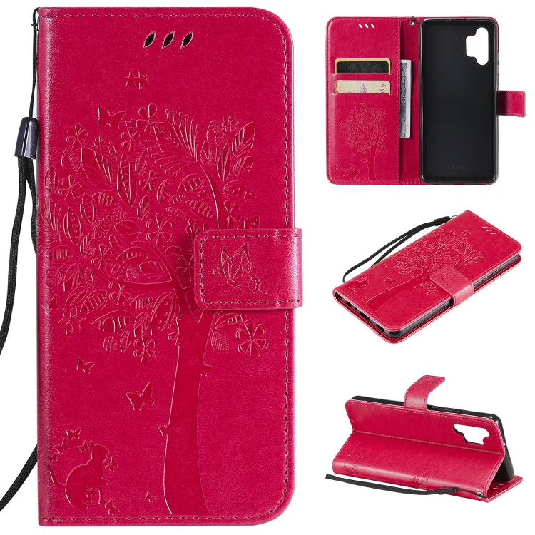 Tree & Cat Pattern Pressed Printing Horizontal Flip PU Leather Case with Holder & Card Slots & Wallet & Lanyard, For Samsung Galaxy A32 4G, For Samsung Galaxy S21 FE