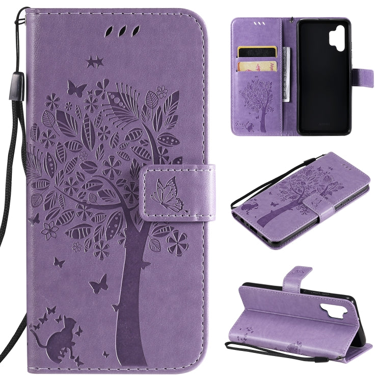 Tree & Cat Pattern Pressed Printing Horizontal Flip PU Leather Case with Holder & Card Slots & Wallet & Lanyard, For Samsung Galaxy A32 4G, For Samsung Galaxy S21 FE