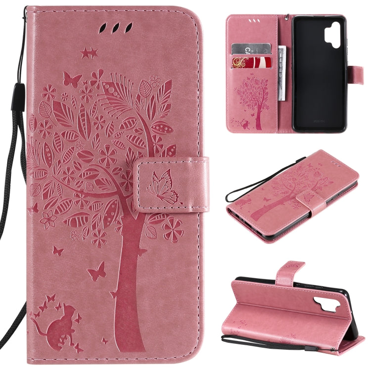 Tree & Cat Pattern Pressed Printing Horizontal Flip PU Leather Case with Holder & Card Slots & Wallet & Lanyard, For Samsung Galaxy A32 4G, For Samsung Galaxy S21 FE