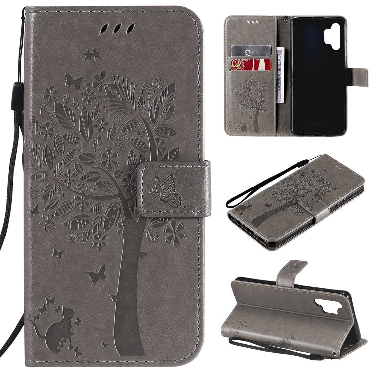 Tree & Cat Pattern Pressed Printing Horizontal Flip PU Leather Case with Holder & Card Slots & Wallet & Lanyard, For Samsung Galaxy A32 4G, For Samsung Galaxy S21 FE