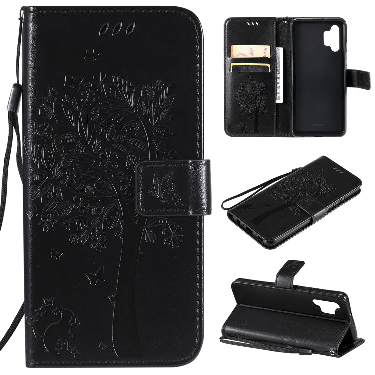 Tree & Cat Pattern Pressed Printing Horizontal Flip PU Leather Case with Holder & Card Slots & Wallet & Lanyard, For Samsung Galaxy A32 4G, For Samsung Galaxy S21 FE