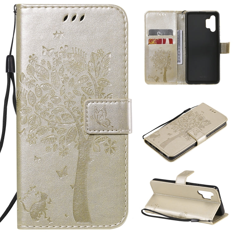 Tree & Cat Pattern Pressed Printing Horizontal Flip PU Leather Case with Holder & Card Slots & Wallet & Lanyard, For Samsung Galaxy A32 4G, For Samsung Galaxy S21 FE