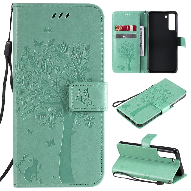 Tree & Cat Pattern Pressed Printing Horizontal Flip PU Leather Case with Holder & Card Slots & Wallet & Lanyard, For Samsung Galaxy A32 4G, For Samsung Galaxy S21 FE