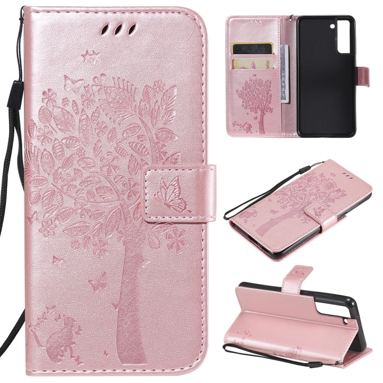 Tree & Cat Pattern Pressed Printing Horizontal Flip PU Leather Case with Holder & Card Slots & Wallet & Lanyard, For Samsung Galaxy A32 4G, For Samsung Galaxy S21 FE