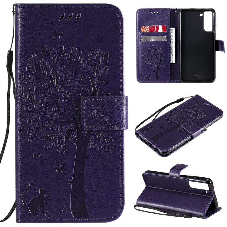 Tree & Cat Pattern Pressed Printing Horizontal Flip PU Leather Case with Holder & Card Slots & Wallet & Lanyard, For Samsung Galaxy A32 4G, For Samsung Galaxy S21 FE